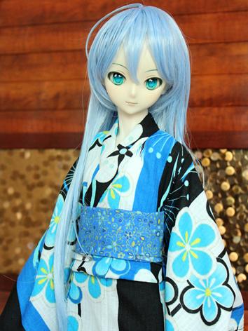 BJD Clothes Girl Blue and Black Printed Yukata Kimino Outfit for SD10/MSD size Ball-jointed Doll