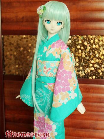 BJD Clothes Girl Green Printed Yukata Kimino Outfit for SD/MSD size Ball-jointed Doll