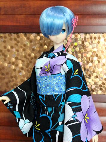 BJD Clothes Girl Black Printed Yukata Kimino Outfit for SD/MSD size Ball-jointed Doll