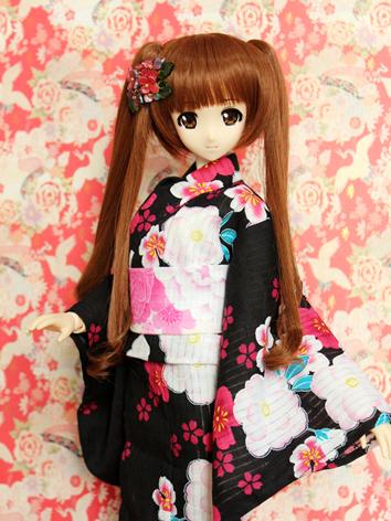 BJD Clothes Girl Black and Red Printed Yukata Kimino Outfit for SD/MSD size Ball-jointed Doll