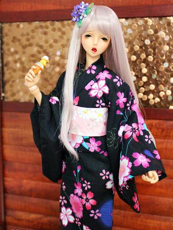 BJD Clothes Girl Black Printed Yukata Kimino Outfit for MSD size Ball-jointed Doll