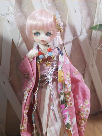 BJD Clothes Girl Pink Printed Kimono Suit for YOSD Ball-jointed Doll