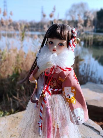 BJD Clothes Girl Pink&Red Printed Kimono Suit for MSD Ball-jointed Doll