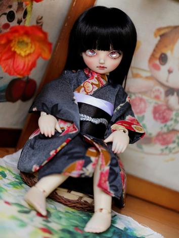 BJD Clothes Girl Black Printed Yukata Kimino Outfit for YOSD size Ball-jointed Doll
