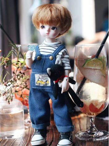 BJD Baby Dress Preppy Style with Printed Denim Overalls for YOSD 1/8 Size Ball Jointed Doll