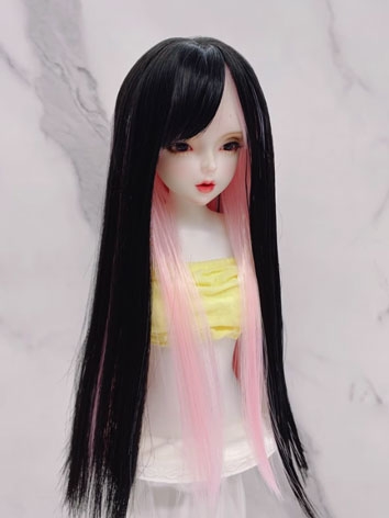 BJD Wig Female Black and Pink Straight Wig for SD MSD YOSD Size Ball-jointed Doll