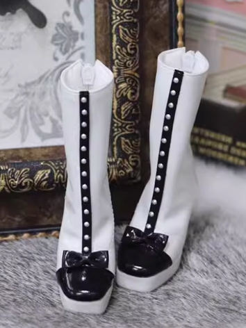 BJD Shoes Black and White Square Toe Thick Sole Bowknot High Heel Boots for SD Size Ball Jointed Doll