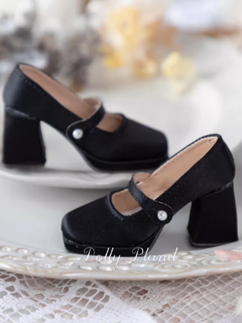 BJD Shoes Female Black Silk Square Toe Thick Sole Shoes for SD MSD Size Ball-jointed Doll