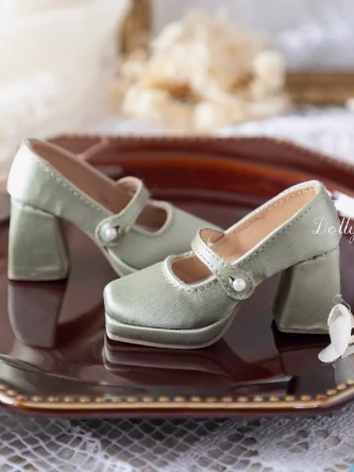 BJD Shoes Female Green Silk Square Toe Thick Sole Shoes for MSD Size Ball-jointed Doll