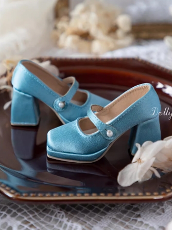 BJD Shoes Female Peacock Blue Silk Square Toe Thick Sole Shoes for SD Size Ball-jointed Doll