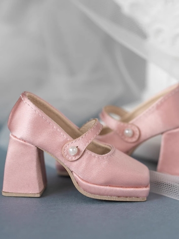 BJD Shoes Female Pink Silk Square Toe Thick Sole Shoes for SD MSD Size Ball-jointed Doll