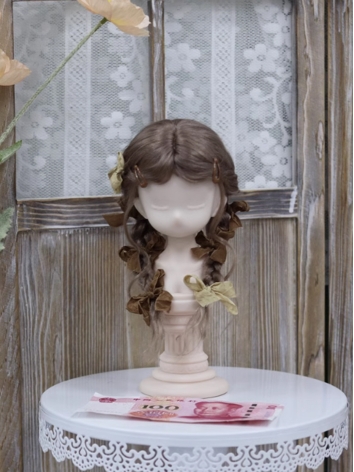 BJD Wig Girl Brown Double Braids Bowknot Mohair for SD Size Ball Jointed Doll