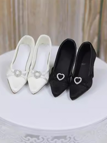 BJD Shoes Girl Black White Silk Heart High Heel Shoes for SD DD Size Ball Jointed Doll