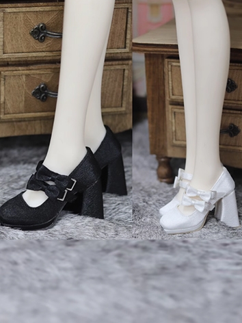 BJD Shoes Girl Black White Square Toe High Heel Shoes for SD Size Ball Jointed Doll