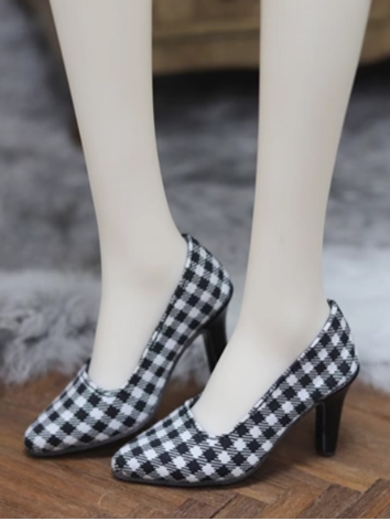 BJD Shoes Girl Black White Plaid Point Toe High Heel Simple Shoes for SD Size Ball Jointed Doll